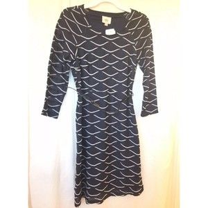 Eci Women’s Dress Knee Length Blue/White Nautical Print Under Arm Zip Belt Sz 8